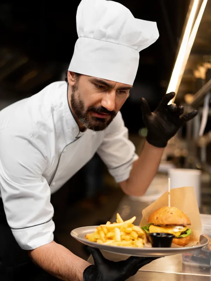 Chef sirviendo un plato con papas fritas